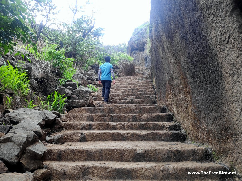 Famous waterfall stairs of Visapur fort trek