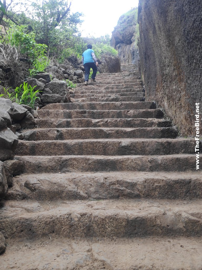 Famous waterfall stairs of Visapur fort trek