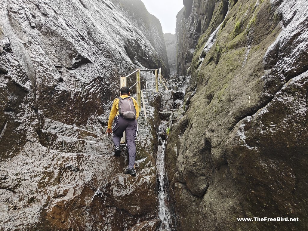 Stair Railing at Jivdhan fort trek entrance with waterfall Kalyan Darwaja