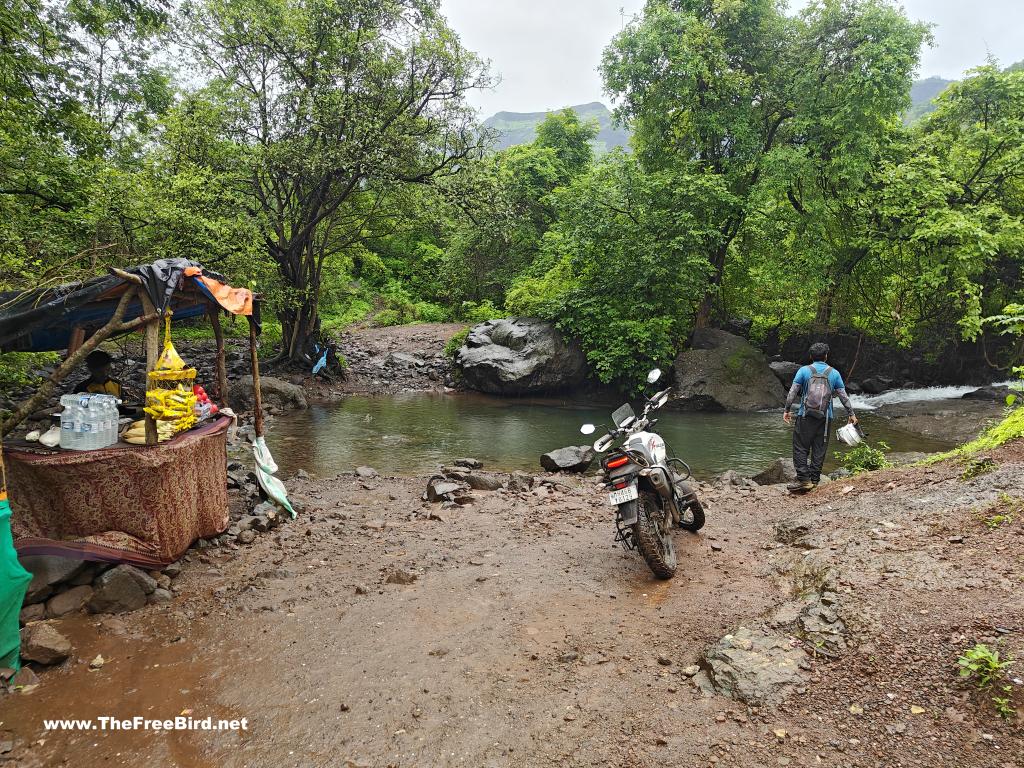 stream River crossing to reach Kalu waterfall via God valley trek. Last point where bike can reach near Kalu waterfall