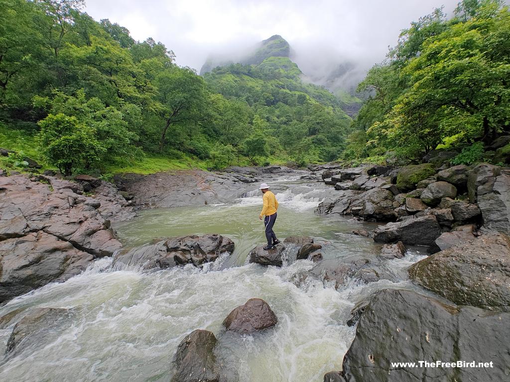 stream River crossing to reach Kalu waterfall via God valley trek