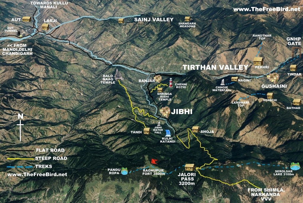 Jibhi Tirthan valley gushaini jalori pass shoja aut larji sainj valley map