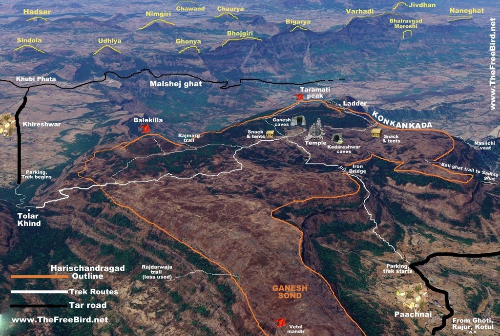 Harishchandragad trek route map from Paachnai , Khireshwar ,by Naalichi vaat and bailghat to sadhale ghat