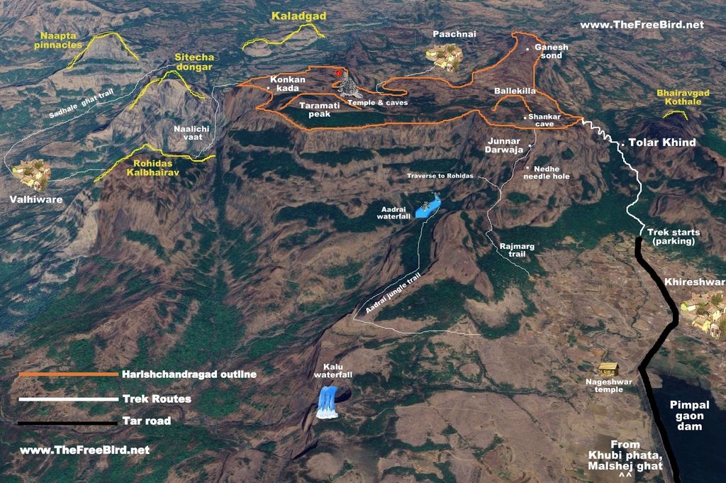 Harishchandragad trek route map from Khireshwar, Paachnai , rajmarg Junnar darwaja, by Naalichi vaat and sadhale ghat